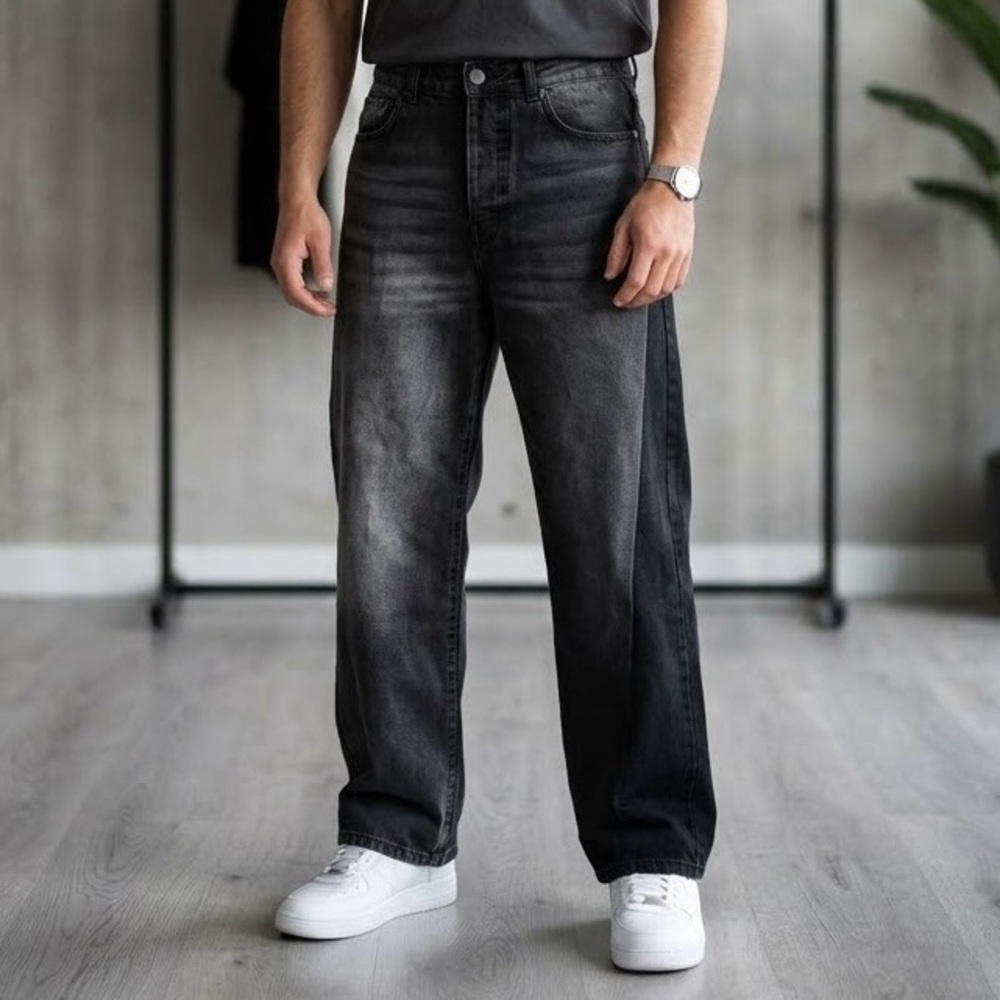 boohooMAN Washed Black Wide Leg Baggy Streetwear Jeans Urban Y2K Rugged